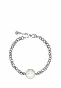 Pulsera de cadena de plata con una perla blanca central. Los eslabones son lisos y redondos, con un cierre de langosta y una cadena de extensión.