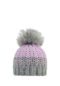 Knitted winter hat with gray and pink pattern and large fluffy gray pom-pom on top.