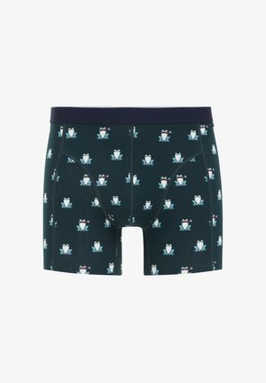 Boxeri din material bleu marin, cu un model repetat de broaște în turquoise și alb. Amestec sintetic cu talie elastică.