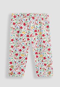 Pantaloni din țesătură albă, cu un model colorat și complicat de flori, stele, păsări și butoane, având o talie elastică pentru confort.