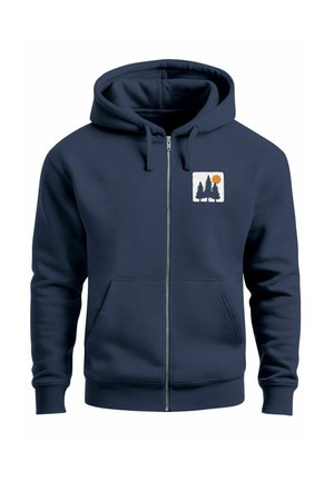 Navy blue zip-up hoodie made of soft fabric with a front pocket and a tree and sun graphic on the left chest. Sturdy zipper and adjustable hood.