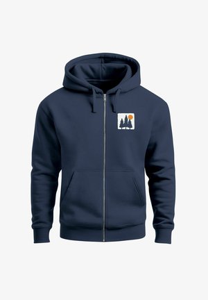 Navyblaue Zip-Hoodie aus weichem Stoff mit einer Fronttasche und einem Baum- und Sonnen-Graphic auf der linken Brust. Robuster Reißverschluss und verstellbare Kapuze.