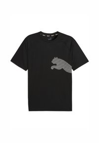 Camiseta negra de manga corta hecha de una tela ligera, con una silueta texturizada de un gato gris en el frente y un escote redondo.