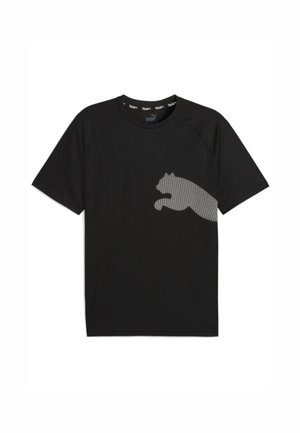 Zwarte korte mouwen t-shirt van lichtgewicht stof, met een getextureerde grijze kattensilhouet op de voorkant en een ronde halslijn.