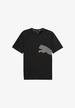 Schwarzes T-Shirt mit kurzen Ärmeln aus leichtem Stoff, das auf der Vorderseite eine strukturierte Silhouette einer grauen Katze und einen runden Ausschnitt aufweist.
