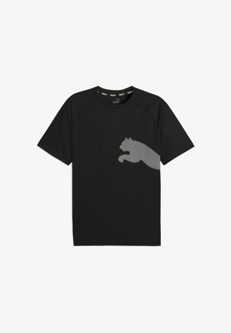 Camiseta negra de manga corta hecha de una tela ligera, con una silueta texturizada de un gato gris en el frente y un escote redondo.