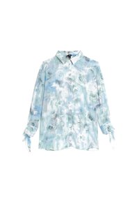 Lightweight, long-sleeve shirt in pale blue with a rose pattern. Features a classic collar, button front, and tied cuffs. Soft, flowing texture.