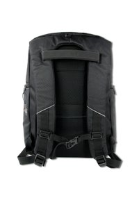 Zwarte rugzak met een gevoerd net achterpand, verstelbare schouderbanden en een handvat bovenop; beschikt over reflecterende accenten en een zijvak met rits.