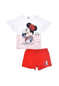 Conjunto de pijama de Mickey Mouse que incluye una parte superior blanca con rayas rojas y un diseño gráfico, acompañado de pantalones cortos rojos con un estampado de personajes.
