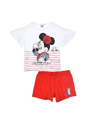 Set da pigiama di Topolino con una maglietta bianca a righe rosse e un design grafico, abbinata a pantaloni corti rossi con una stampa del personaggio.