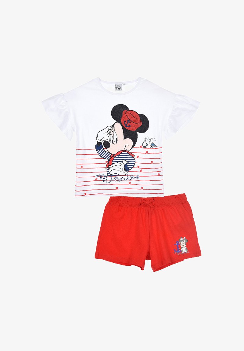 Conjunto de pijama de Mickey Mouse que incluye una parte superior blanca con rayas rojas y un diseño gráfico, acompañado de pantalones cortos rojos con un estampado de personajes.