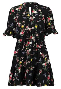 Svart blommig klänning med korta volangärm, nyckelhålsringning och elastisk midja. Har flerfärgade blommor på svart bakgrund.