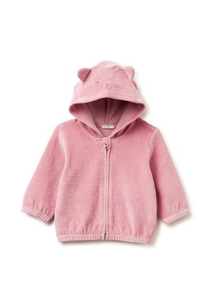 Rosa Cord-Hoodie mit einem Bärenmotiv. Verfügt über einen Reißverschluss vorne, kurze Ärmel und einen strukturierten Stoff. Enthält Ohren und gestickte Gesichtszüge.