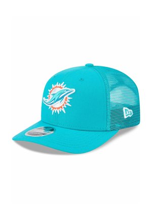 Türkise Baseballkappe mit Mesh-Rückseite, vorne mit dem Miami Dolphins Logo und seitlich mit dem weißen New Era Logo.