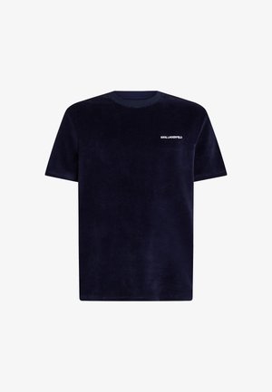 Navy blue velvety short-sleeve t-shirt featuring a crew neck and a white "Karl Lagerfeld" logo on the chest. Soft texture and relaxed fit.