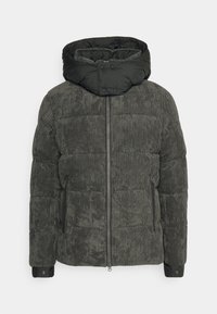 Veste matelassée en velours côtelé gris foncé avec fermeture éclair devant, capuche matelassée noire avec boutons-pression et poches latérales zippées.