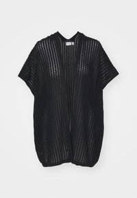 Svart öppenstickad cardigan med korta ärmar, som har en ribbad halsringning och en förlängd form, vilket ger en lätt textur och design.