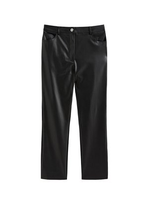 Pantaloni neri in ecopelle con taglio dritto, dotati di chiusura frontale con bottoni e due tasche laterali. Texture liscia con finitura lucida.