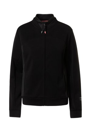 Felpa nera con zip realizzata in un tessuto morbido. Presenta un colletto alto e tirazip di colore contrastante. Include un sottile dettaglio del logo sulla manica.