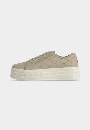 Beige platform sneaker with embossed logos, white thick sole, lace-up front, and "Armani Exchange" text on the side of the sole.