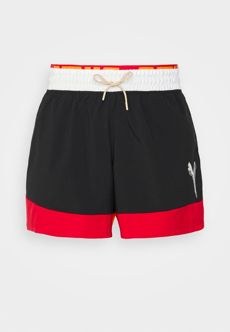 Musta uimashortsit, joissa on punainen helma, valkoinen joustava vyötärönauha kiristysnauhalla ja vasemmalla puolella heijastava logo. Kevyt kangas.