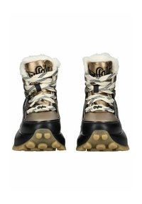 Botas de invierno con cordones, con un exterior negro y dorado metálico, forro de piel sintética, suelas texturizadas y cordones con patrón para ofrecer agarre y estilo.