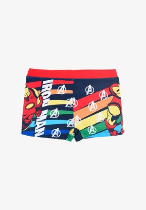 Kurze Badeshorts mit navyfarbener Basis, rotem Taillenbund, Iron Man-Grafiken und mehrfarbigen Streifen mit Avengers-Logos.