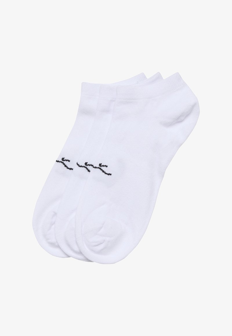 Hvide ankelsokker i bomuldsblanding med et sort broderet design på siden. Pakke med tre par. Blød tekstur og letvægts.