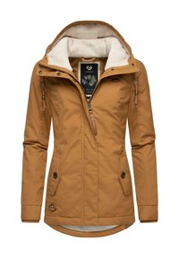 Brown insulated jacket with a fleece-lined hood, zip closure, side pockets, and drawstrings. Smooth outer material, featuring a curved hem.