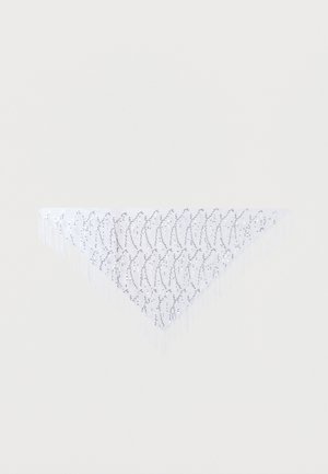 Eșarfă triunghiulară albă cu modele de frunze din paiete argintii și franjuri pe marginea de jos, așezată plat pe un fundal deschis.