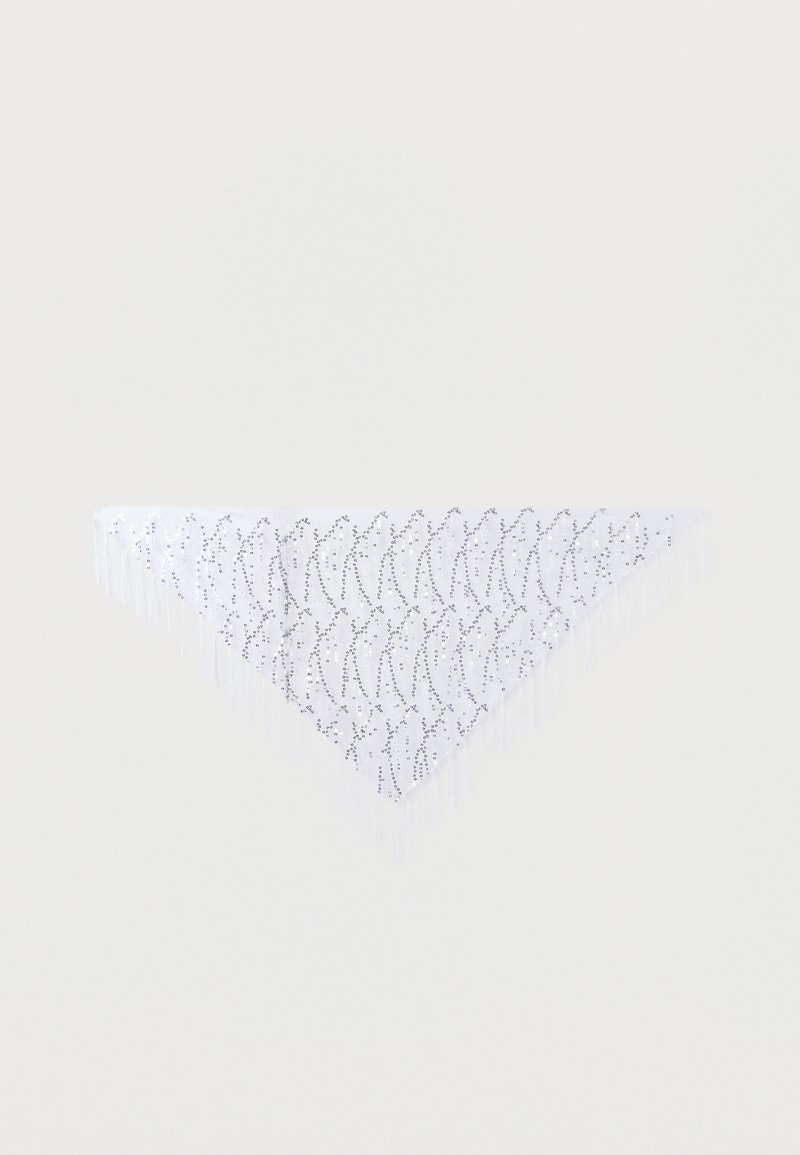Foulard triangulaire blanc avec motifs de feuilles en paillettes argentées et franges le long du bord inférieur, posé à plat sur un fond clair.