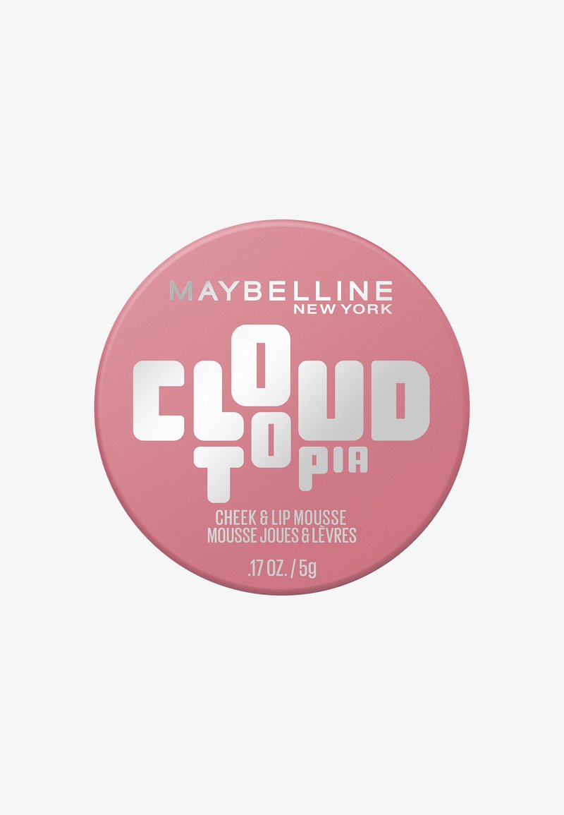 Mousse pour joues et lèvres Maybelline Cloud Topia dans un contenant rond rose avec texte argenté, poids du produit 0,17 oz / 5 g.