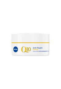 Barattolo rotondo bianco con etichetta gialla e blu. Contiene la crema Nivea Q10 Anti-Rughe, che promette un'efficacia extra rassodante e una protezione SPF 30.