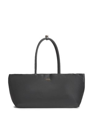 Zwart rechthoekige draagtas met gevlochten handvatten en een klein gouden Tommy Hilfiger-logo in het midden aan de voorkant.
