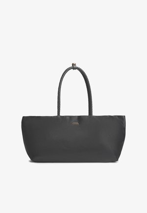 Zwart rechthoekige draagtas met gevlochten handvatten en een klein gouden Tommy Hilfiger-logo in het midden aan de voorkant.