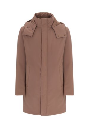 Cappotto imbottito marrone con colletto alto, tasche laterali e dettagli con bottoni a pressione. Tessuto liscio e silhouette dritta.