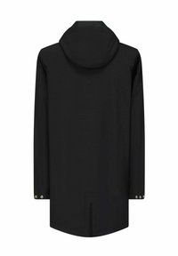 Manteau noir imperméable avec capuche, manches longues et accents de boutons-pression aux poignets. Texture lisse et coupe droite.