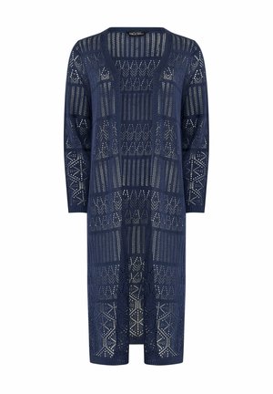 Langer marineblauer Cardigan mit offenem Vorderteil, verziert mit aufwändigen geometrischen Strickmustern und langen Ärmeln.