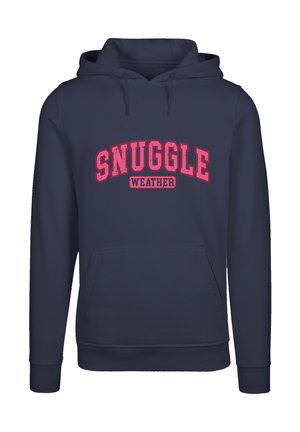Navy hoodie with a pink "SNUGGLE WEATHER" graphic, kangaroo pocket, adjustable drawstring hood, and ribbed cuffs and hem.