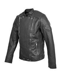 Svart l�äderjacka med kviltat axeldesign, silverfärgad hårdvara, dragkedjestängning och två dragkedjefickor på sidorna.