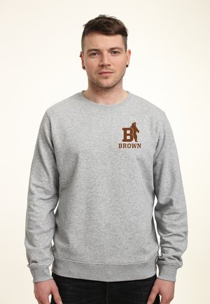 Grijze sweatshirt van een katoenmix, met een bruin logo met een beer en het woord "BROWN" op de linkerborst. Klassieke ronde hals.