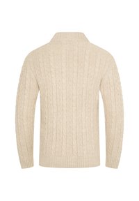Beige Strickpullover mit hohem Kragen, gerippten Bündchen und einem strukturierten Muster, das eine gemütliche und warme Ausstrahlung verleiht.