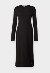 Vestido preto de manga longa com decote em barco, corte reto e detalhe do logótipo na bainha. Feito em tecido suave e texturizado.