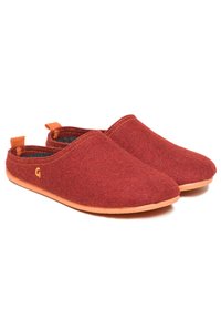 Red felt slippers with an open back, rounded toe, and orange accents. Features a textured upper and a contrasting rubber sole.