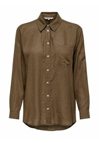 Camicia in lino marrone con frontale a bottoni, colletto, maniche lunghe e una tasca sul petto. Tessuto liscio, orlo curvo e design classico.