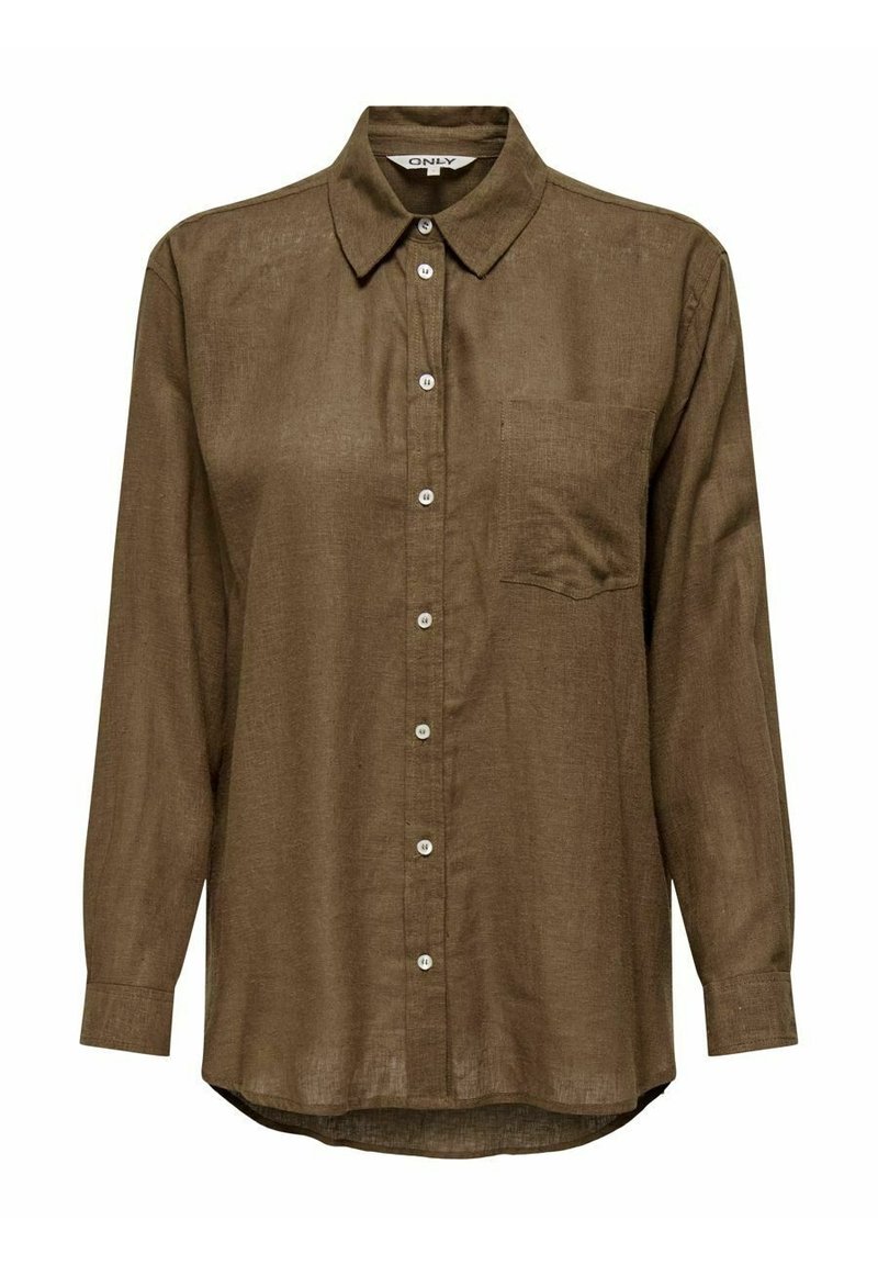 Camicia in lino marrone con frontale a bottoni, colletto, maniche lunghe e una tasca sul petto. Tessuto liscio, orlo curvo e design classico.