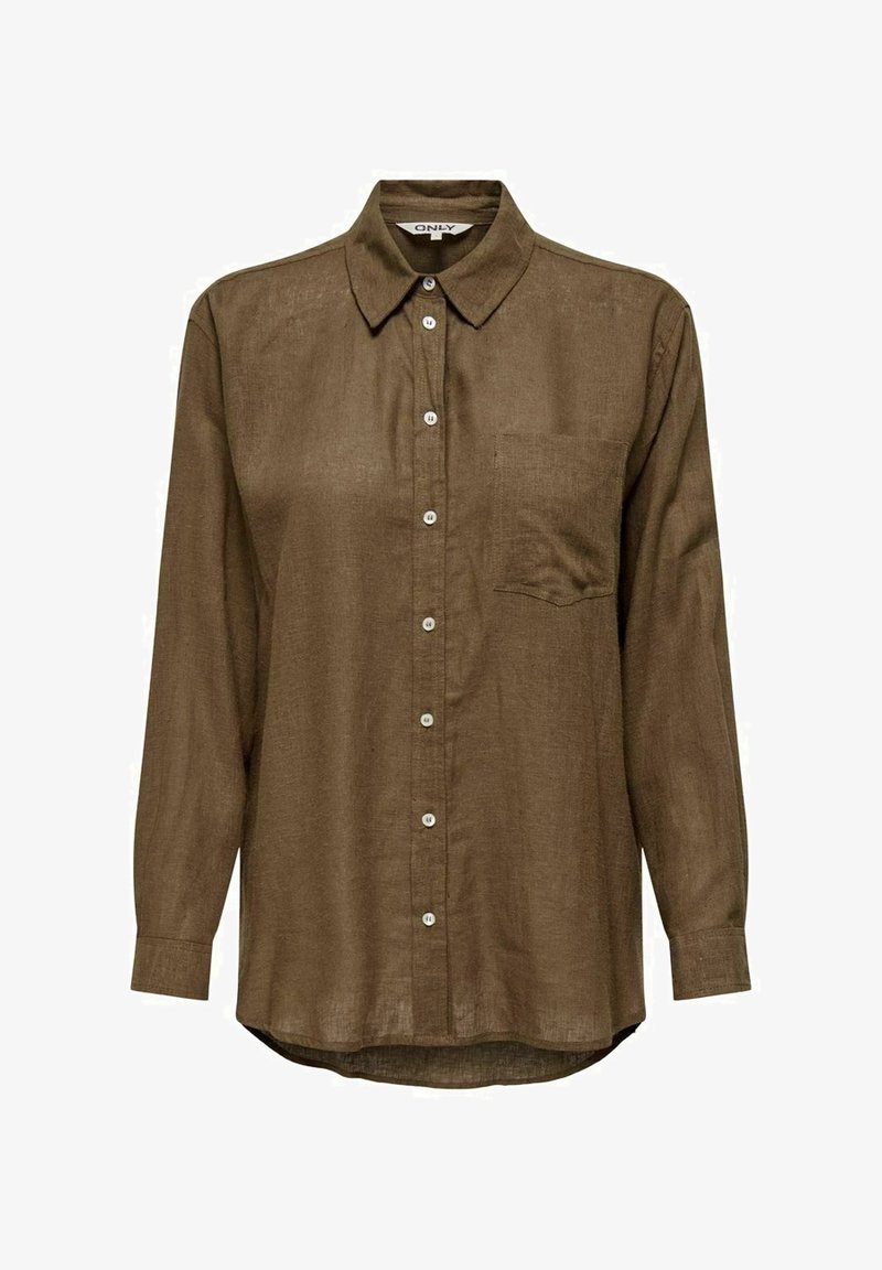 Camicia in lino marrone con frontale a bottoni, colletto, maniche lunghe e una tasca sul petto. Tessuto liscio, orlo curvo e design classico.
