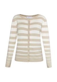 Beige-weißer gestreifter Cardigan mit langen Ärmeln, rundem Halsausschnitt und Knopfverschluss. Weiches Strickmaterial mit glatter Textur.