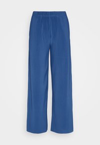 Pantalon large bleu côtelé avec ceinture élastique, présenté sur fond blanc.