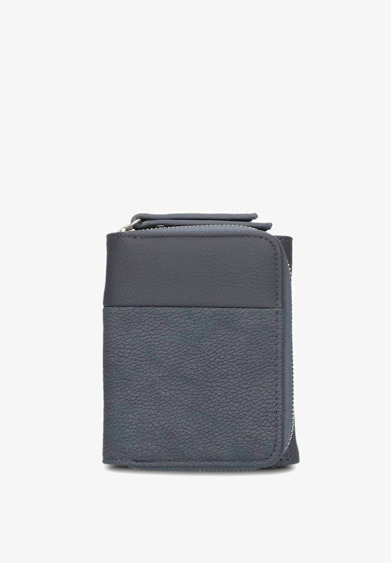 Kompakte, dunkelgraue Lederbrieftasche mit strukturiertem unteren Abschnitt und glattem oberen Abschnitt, ausgestattet mit einem Reißverschluss, der sich entlang der oberen und rechten Kante erstreckt.
